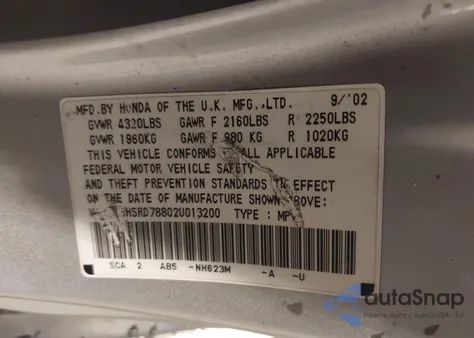 2002 Honda Cr-V Ex from USA, damaged, VIN SHSRD78802U013200